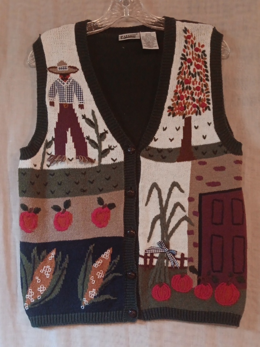 Vintage 1990's Capacity Sweater Vest with Colorful Harvest Scene.  Size Medium